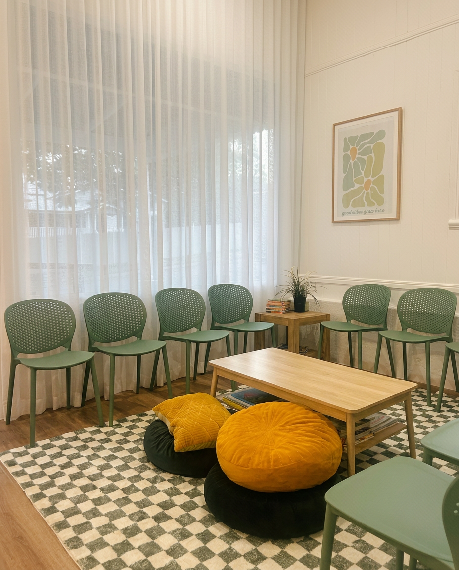 The waiting room at The Moore Centre — sage chairs along a sheer-curtained window, timber coffee table, and a checkered rug with mustard floor cushions